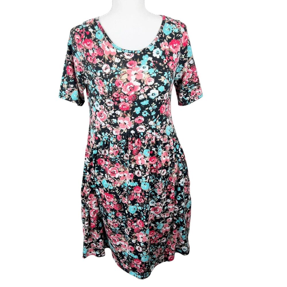 Chris & Carol Dress Women Medium Black Pink Floral Print Fit Flare S/S Stretch